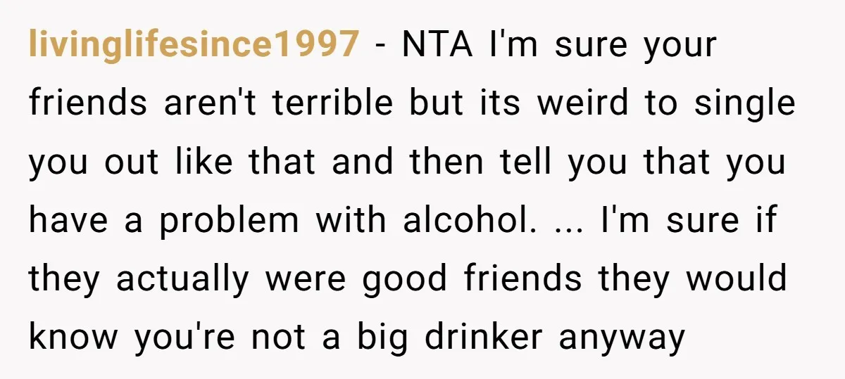 livinglifesince1997 − NTA I'm sure your friends aren't terrible but its weird to single you out like that and then tell you that you have a problem with alcohol. ......