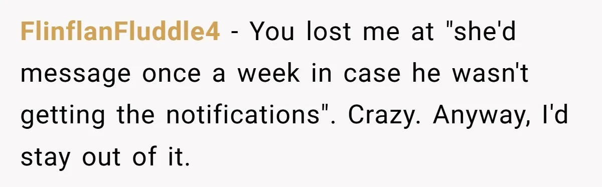 FlinflanFluddle4 − You lost me at "she'd message once a week in case he wasn't getting the notifications". Crazy. Anyway, I'd stay out of it.