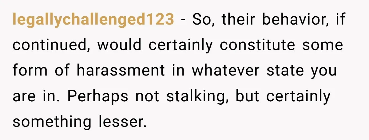 legallychallenged123 − So, their behavior, if continued, would certainly constitute some form of harassment in whatever state you are in. Perhaps not stalking, but certainly something lesser.