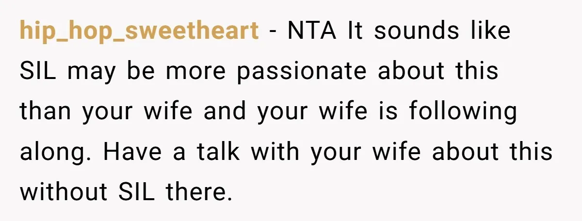 hip_hop_sweetheart − NTA It sounds like SIL may be more passionate about this than your wife and your wife is following along. Have a talk with your wife about this...