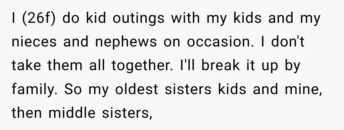 I (26f) do kid outings with my kids and my nieces and nephews on occasion. I don't take them all together. I'll break it up by family. So my oldest...