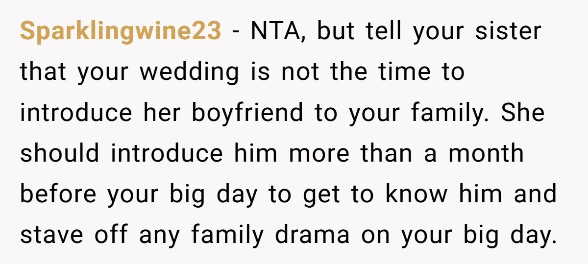 Sparklingwine23 − NTA, but tell your sister that your wedding is not the time to introduce her boyfriend to your family. She should introduce him more than a month before...