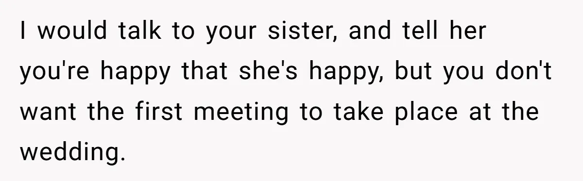 I would talk to your sister, and tell her you're happy that she's happy, but you don't want the first meeting to take place at the wedding.