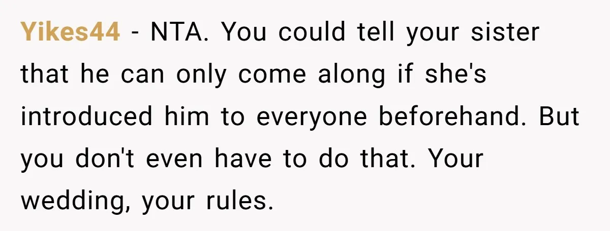 Yikes44 − NTA. You could tell your sister that he can only come along if she's introduced him to everyone beforehand. But you don't even have to do that. Your...