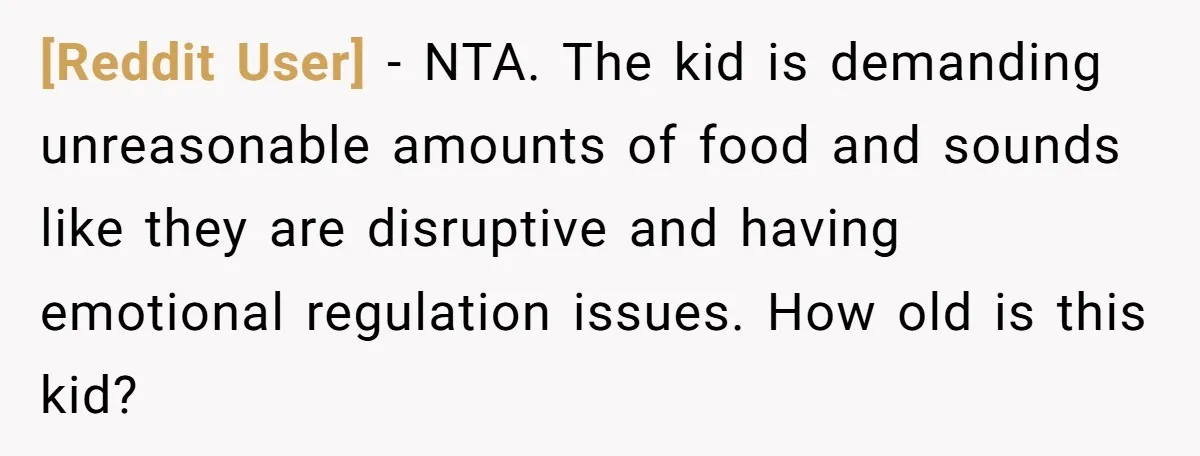 [Reddit User] − NTA. The kid is demanding unreasonable amounts of food and sounds like they are disruptive and having emotional regulation issues. How old is this kid?