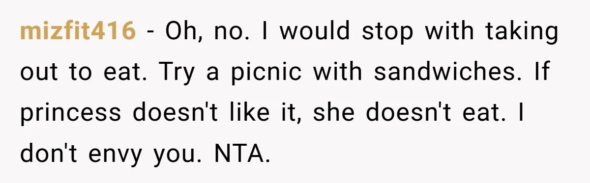 mizfit416 − Oh, no. I would stop with taking out to eat. Try a picnic with sandwiches. If princess doesn't like it, she doesn't eat. I don't envy you. NTA.
