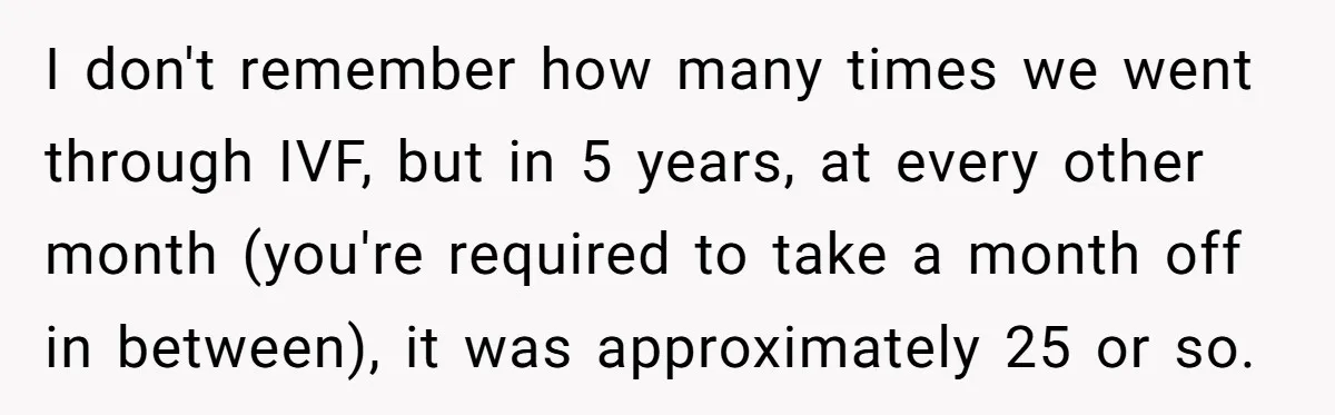 I don't remember how many times we went through IVF, but in 5 years, at every other month (you're required to take a month off in between), it was approximately...