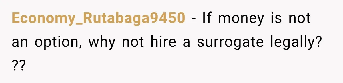 Economy_Rutabaga9450 − If money is not an option, why not hire a surrogate legally? ??