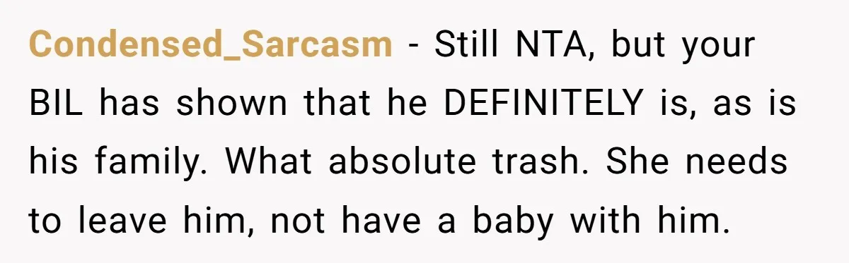 Condensed_Sarcasm − Still NTA, but your BIL has shown that he DEFINITELY is, as is his family. What absolute trash. She needs to leave him, not have a baby with...