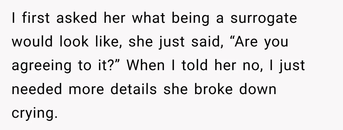 I first asked her what being a surrogate would look like, she just said, “Are you agreeing to it?” When I told her no, I just needed more details she...