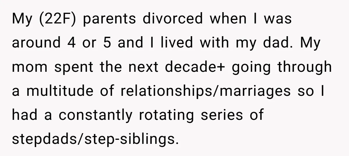 My (22F) parents divorced when I was around 4 or 5 and I lived with my dad. My mom spent the next decade+ going through a multitude of relationships/marriages so...