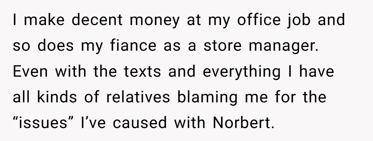 I make decent money at my office job and so does my fiance as a store manager. Even with the texts and everything I have all kinds of relatives blaming...