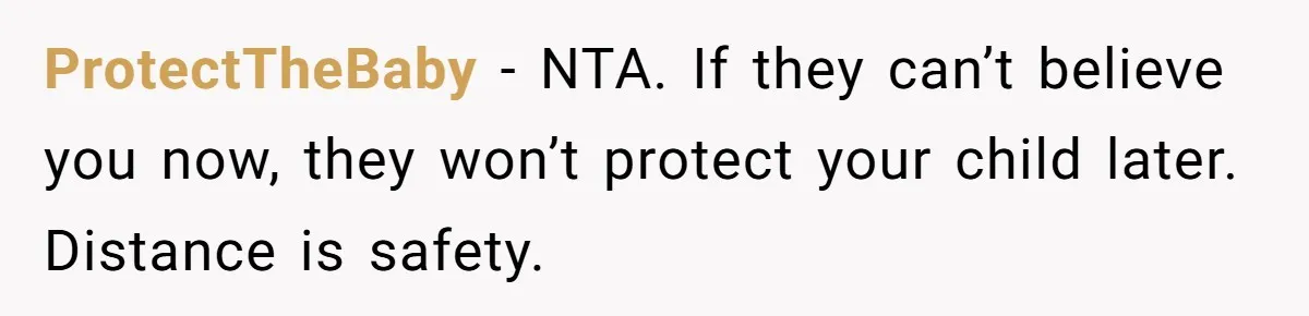 ProtectTheBaby - NTA. If they can’t believe you now, they won’t protect your child later. Distance is safety.