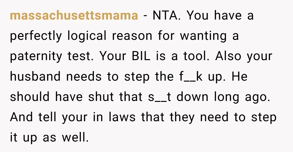 massachusettsmama − NTA. You have a perfectly logical reason for wanting a paternity test. Your BIL is a tool. Also your husband needs to step the f__k up. He should...