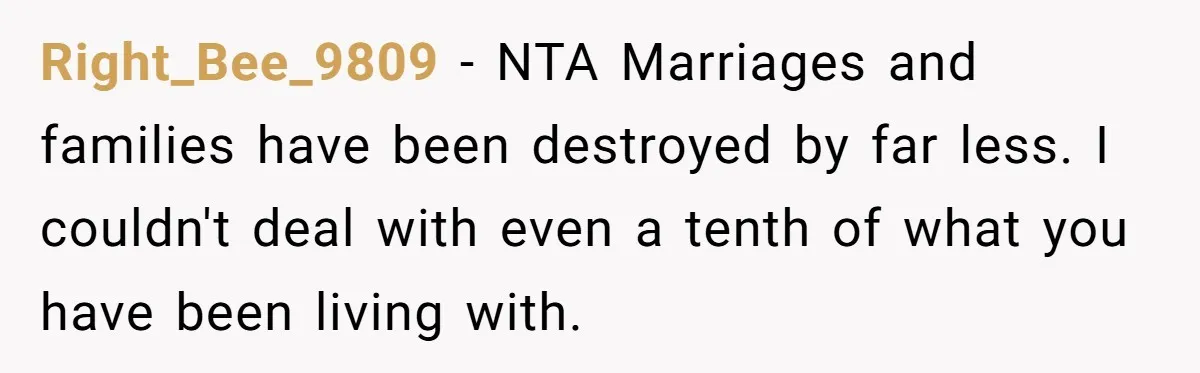 Right_Bee_9809 − NTA Marriages and families have been destroyed by far less. I couldn't deal with even a tenth of what you have been living with.