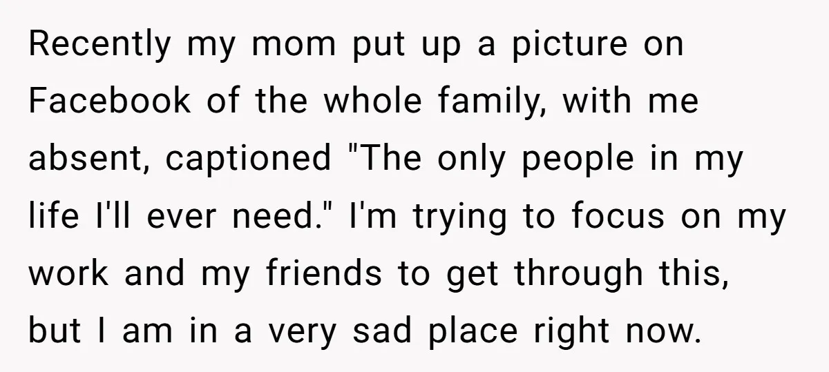 Recently my mom put up a picture on Facebook of the whole family, with me absent, captioned "The only people in my life I'll ever need." I'm trying to focus...