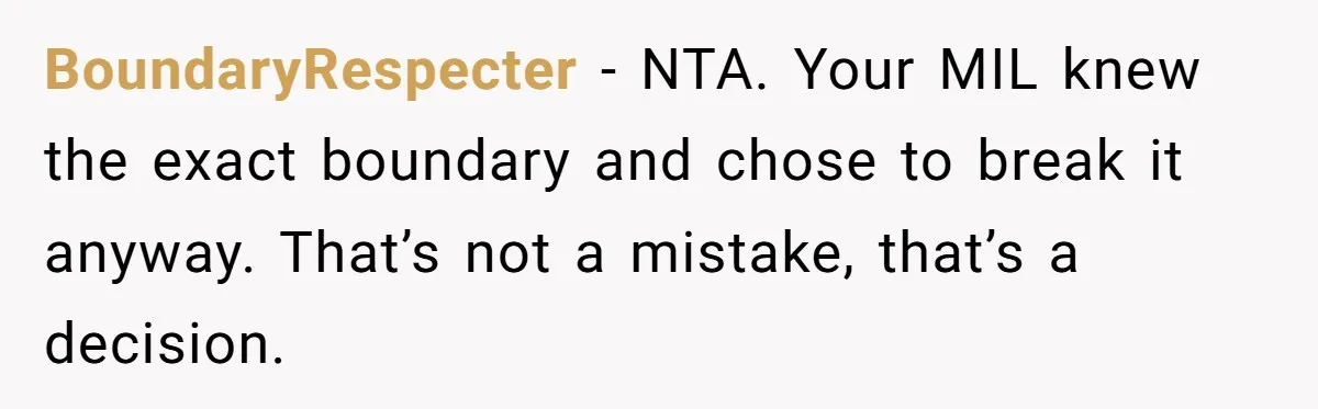BoundaryRespecter - NTA. Your MIL knew the exact boundary and chose to break it anyway. That’s not a mistake, that’s a decision.