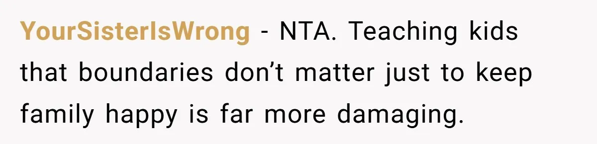 YourSisterIsWrong - NTA. Teaching kids that boundaries don’t matter just to keep family happy is far more damaging.
