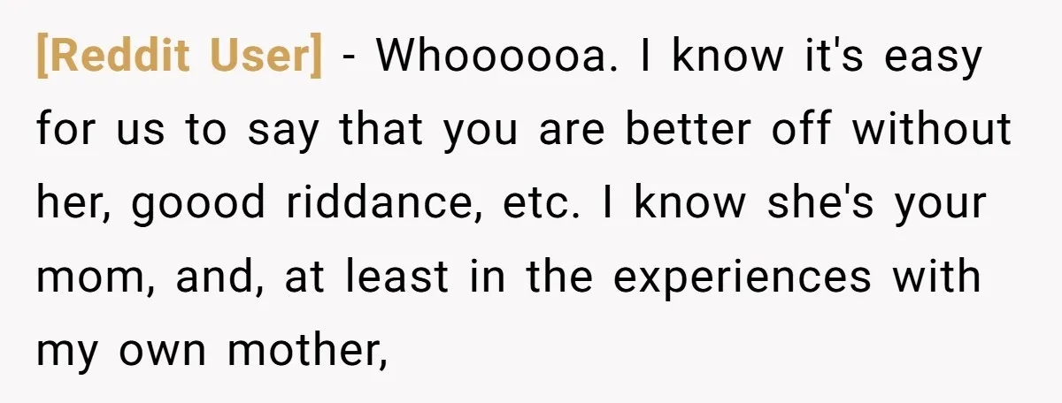 [Reddit User] − Whoooooa. I know it's easy for us to say that you are better off without her, goood riddance, etc. I know she's your mom, and, at least...
