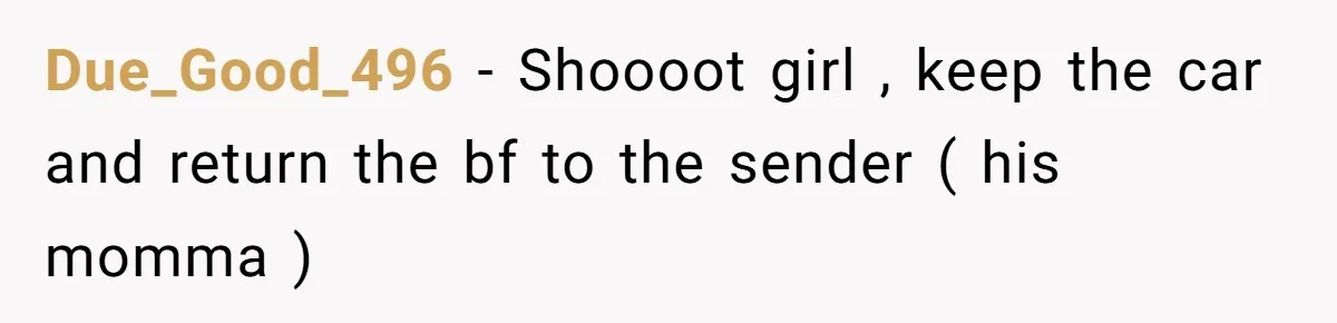 Due_Good_496 − Shoooot girl , keep the car and return the bf to the sender ( his momma )