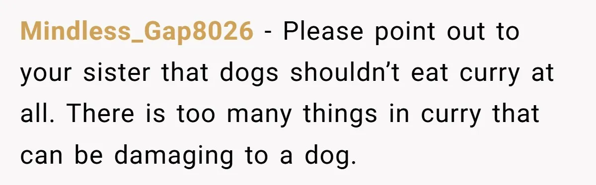 Mindless_Gap8026 − Please point out to your sister that dogs shouldn’t eat curry at all. There is too many things in curry that can be damaging to a dog.