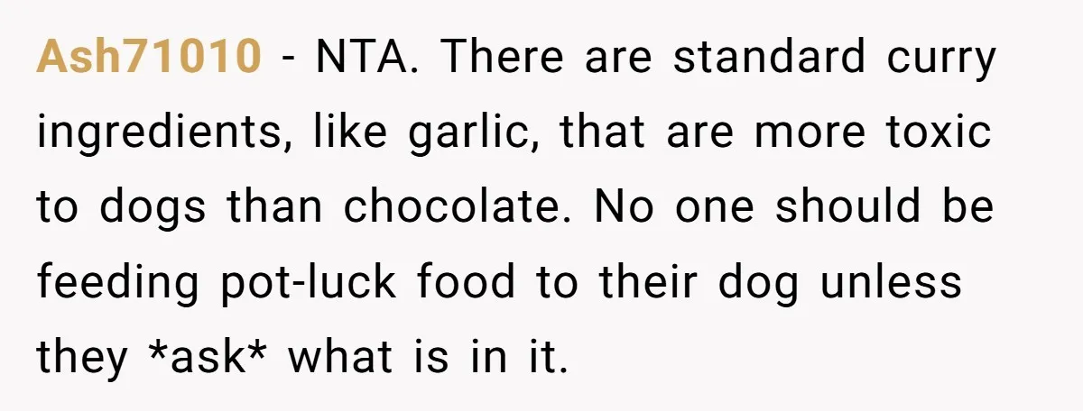 Ash71010 − NTA. There are standard curry ingredients, like garlic, that are more toxic to dogs than chocolate. No one should be feeding pot-luck food to their dog unless they...