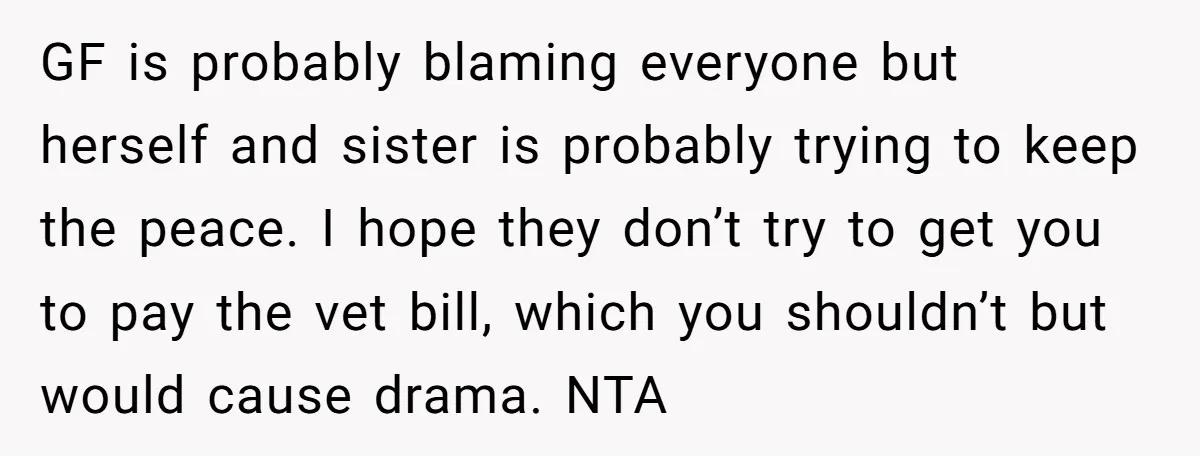GF is probably blaming everyone but herself and sister is probably trying to keep the peace. I hope they don’t try to get you to pay the vet bill, which...