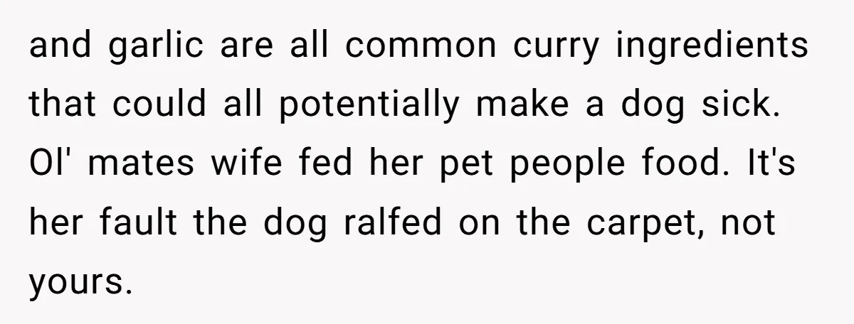 and garlic are all common curry ingredients that could all potentially make a dog sick. Ol' mates wife fed her pet people food. It's her fault the dog ralfed on...