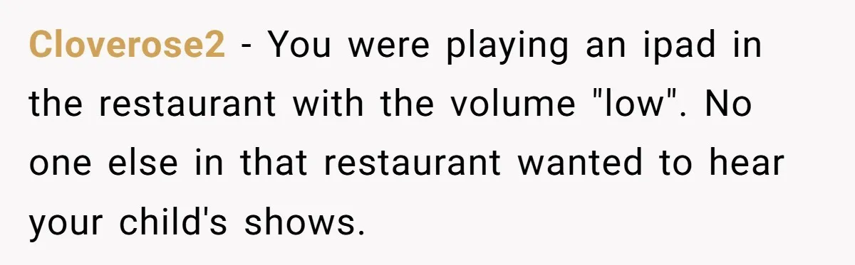 Cloverose2 − You were playing an ipad in the restaurant with the volume "low". No one else in that restaurant wanted to hear your child's shows.