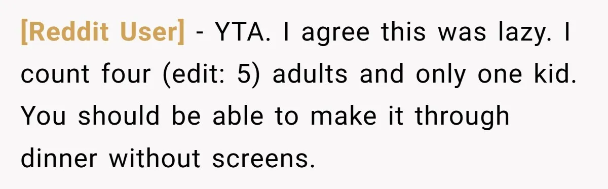 [Reddit User] − YTA. I agree this was lazy. I count four (edit: 5) adults and only one kid. You should be able to make it through dinner without screens.