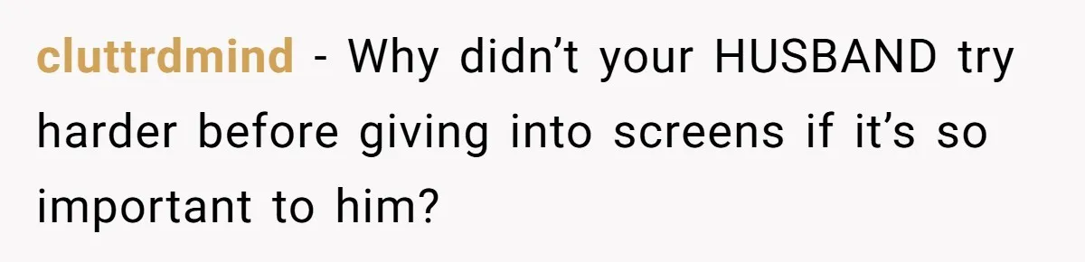 cluttrdmind − Why didn’t your HUSBAND try harder before giving into screens if it’s so important to him?