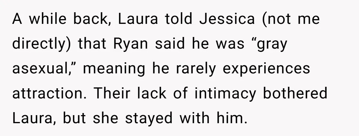 A while back, Laura told Jessica (not me directly) that Ryan said he was “gray asexual,” meaning he rarely experiences attraction. Their lack of intimacy bothered Laura, but she stayed...