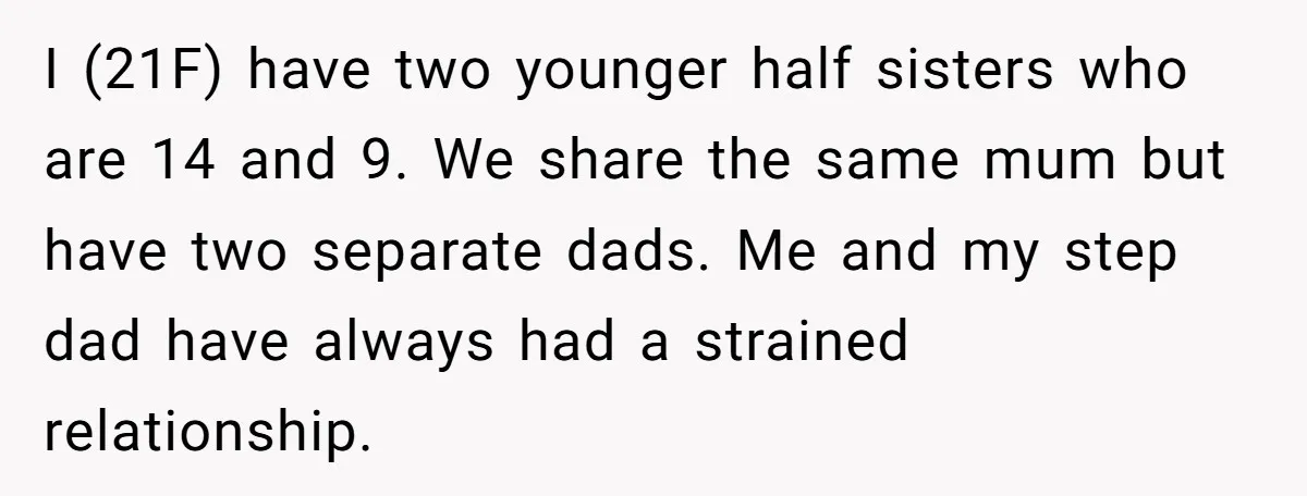 I (21F) have two younger half sisters who are 14 and 9. We share the same mum but have two separate dads. Me and my step dad have always had...