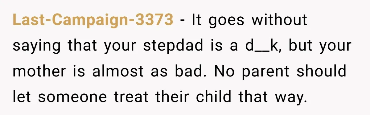 Last-Campaign-3373 − It goes without saying that your stepdad is a d__k, but your mother is almost as bad. No parent should let someone treat their child that way.