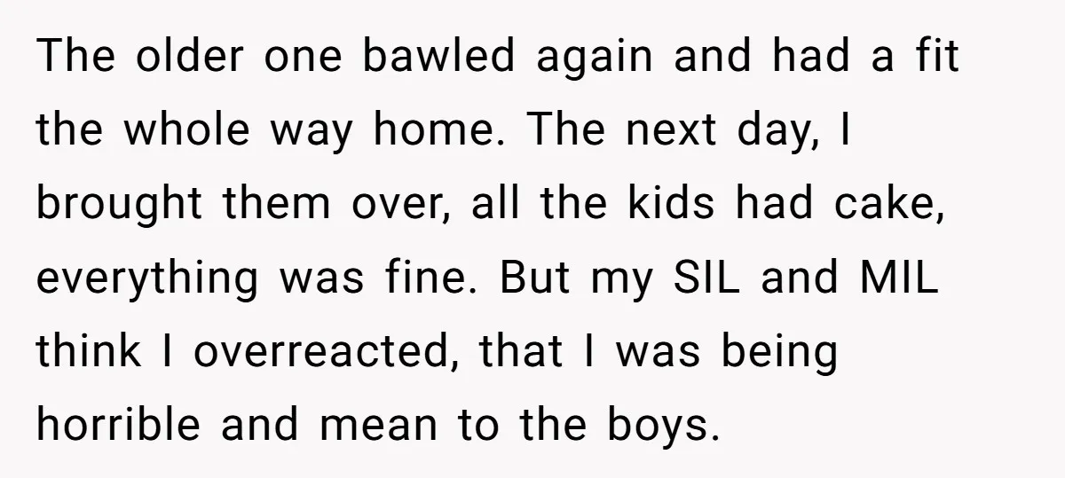 The older one bawled again and had a fit the whole way home. The next day, I brought them over, all the kids had cake, everything was fine. But my...