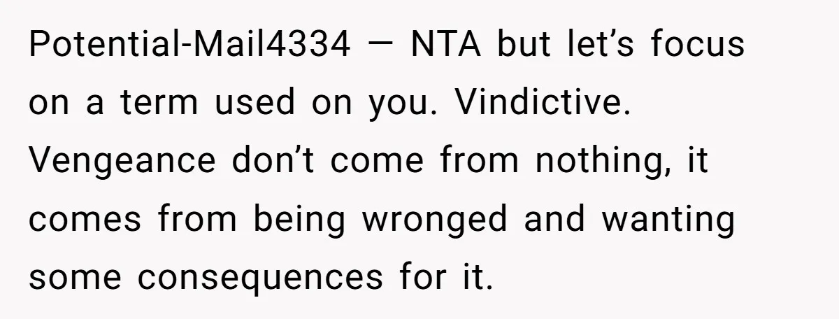 Potential-Mail4334 — NTA but let’s focus on a term used on you. Vindictive. Vengeance don’t come from nothing, it comes from being wronged and wanting some consequences for it.