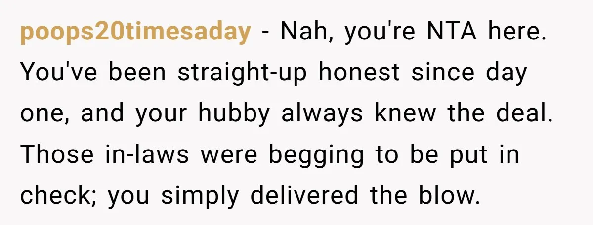 poops20timesaday − Nah, you're NTA here. You've been straight-up honest since day one, and your hubby always knew the deal. Those in-laws were begging to be put in check; you...