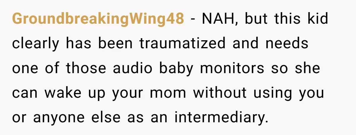 GroundbreakingWing48 − NAH, but this kid clearly has been traumatized and needs one of those audio baby monitors so she can wake up your mom without using you or anyone...