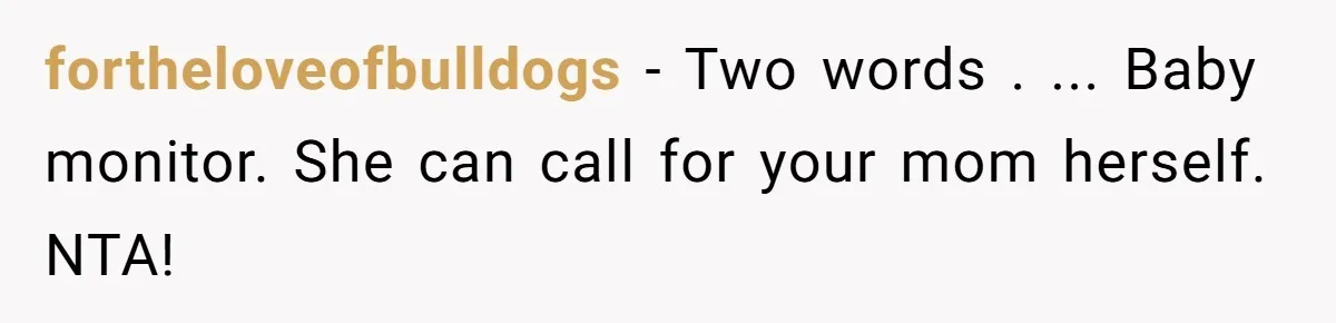 fortheloveofbulldogs − Two words . ... Baby monitor. She can call for your mom herself. NTA!