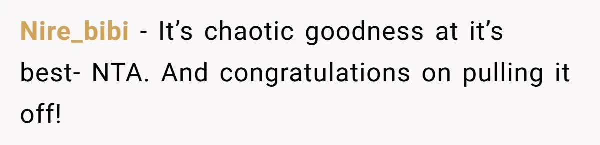 Nire_bibi − It’s chaotic goodness at it’s best- NTA. And congratulations on pulling it off!