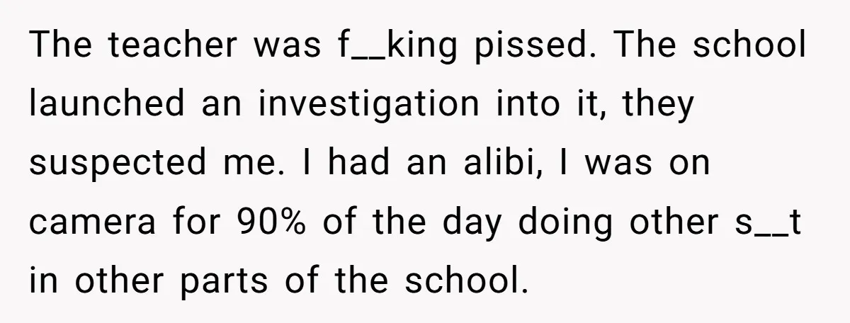 The teacher was f__king pissed. The school launched an investigation into it, they suspected me. I had an alibi, I was on camera for 90% of the day doing other...