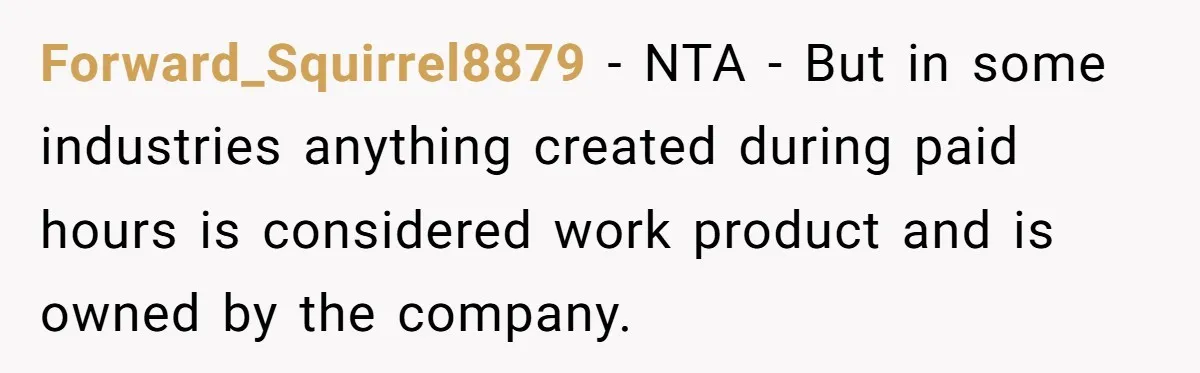 Forward_Squirrel8879 − NTA - But in some industries anything created during paid hours is considered work product and is owned by the company.