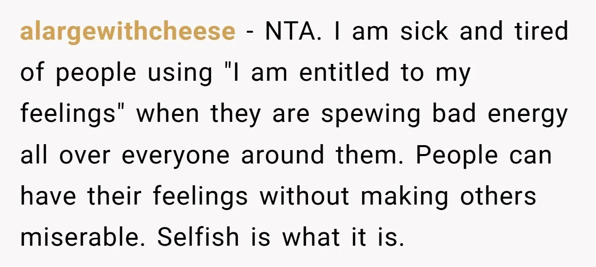 alargewithcheese − NTA. I am sick and tired of people using "I am entitled to my feelings" when they are spewing bad energy all over everyone around them. People can...