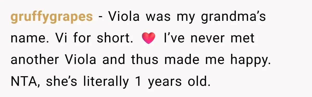 gruffygrapes − Viola was my grandma’s name. Vi for short. ❤️ I’ve never met another Viola and thus made me happy. NTA, she’s literally 1 years old.