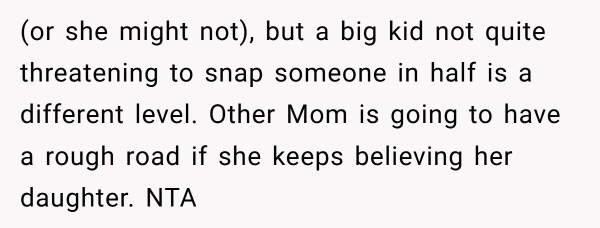 (or she might not), but a big kid not quite threatening to snap someone in half is a different level. Other Mom is going to have a rough road if...