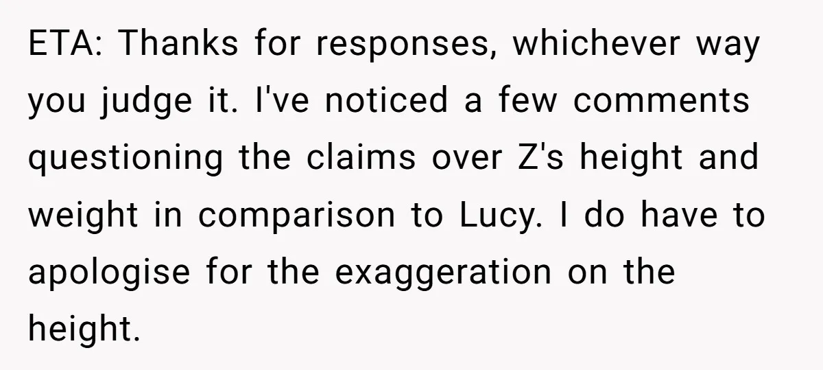 ETA: Thanks for responses, whichever way you judge it. I've noticed a few comments questioning the claims over Z's height and weight in comparison to Lucy. I do have to...