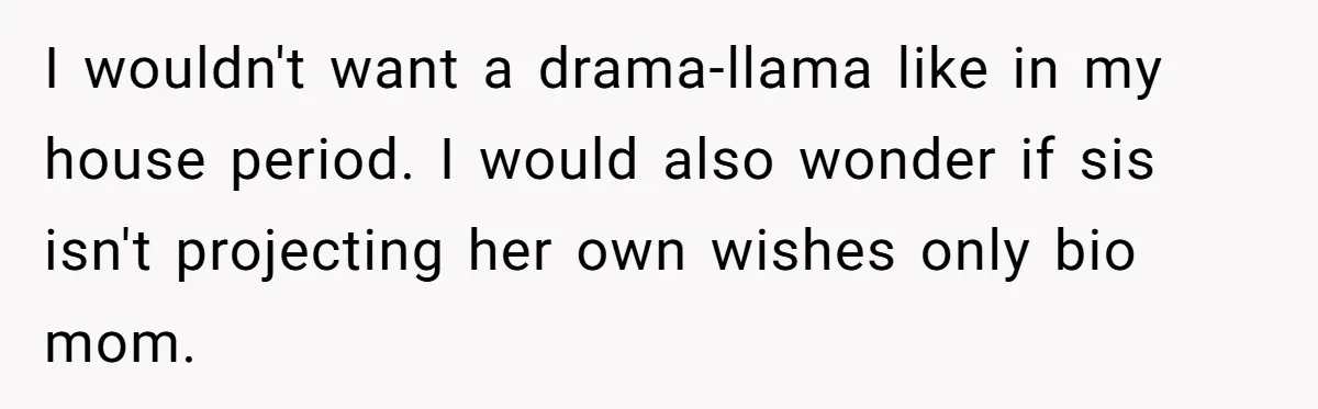 I wouldn't want a drama-llama like in my house period. I would also wonder if sis isn't projecting her own wishes only bio mom.