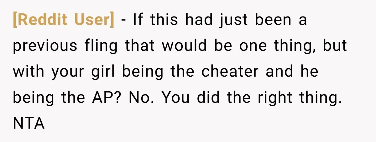 [Reddit User] − If this had just been a previous fling that would be one thing, but with your girl being the cheater and he being the AP? No. You...
