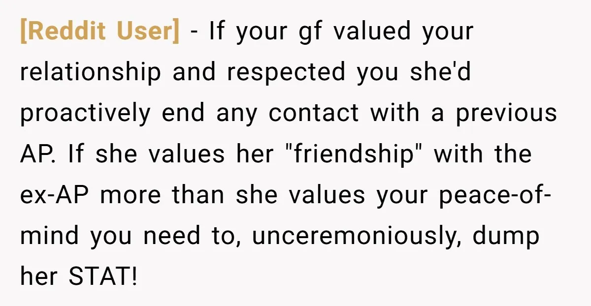 [Reddit User] − If your gf valued your relationship and respected you she'd proactively end any contact with a previous AP. If she values her "friendship" with the ex-AP more...