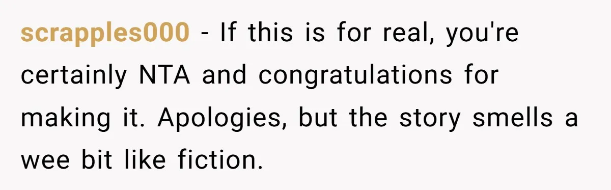 scrapples000 − If this is for real, you're certainly NTA and congratulations for making it. Apologies, but the story smells a wee bit like fiction.